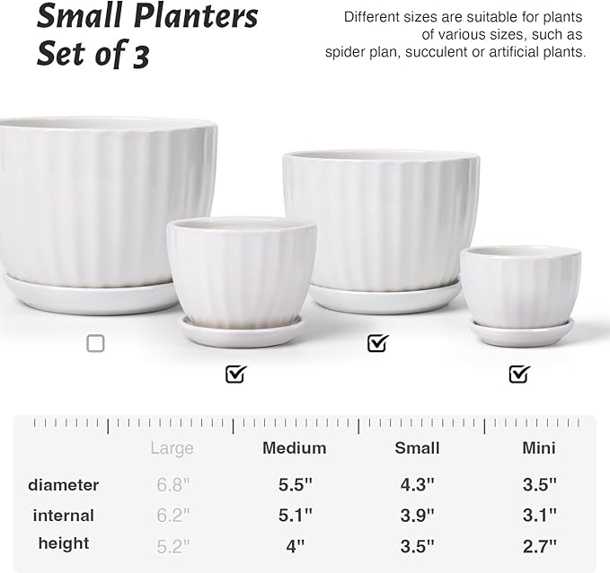 Ceramic Plant Pots with Drainage Holes and Saucers, Round White Flower Pots for Indoor Plant, Diameter 3.3/4.3/5.5 Inches Small Flower Planters Set of 3