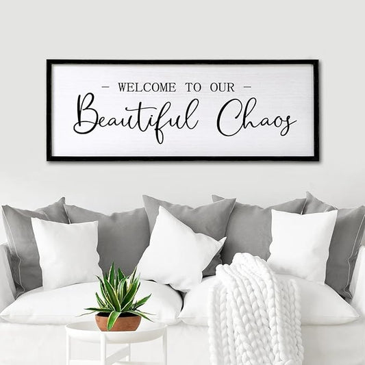 Welcome to Beautiful Chaos Framed Wall Art, 40''×15'' Rustic Horizontal Beautiful Chaos Plaque with Black Frame for Entryway Living Room, Farmhouse Long Welcome to our Chaos Wood Sign Wall Decor
