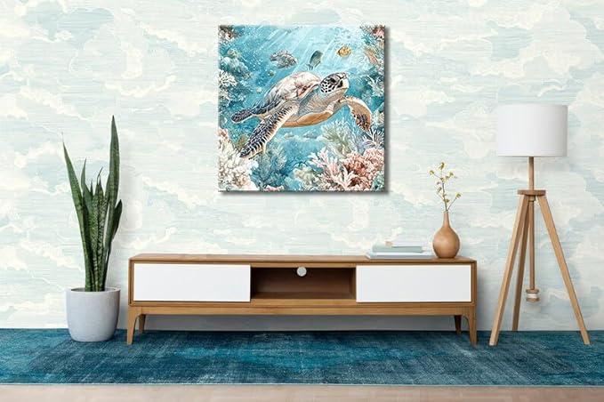 Sea Turtle Bathroom Wall Decor Ocean Theme Framed Canvas Wall Art Coastal Nautical Prints Picture Watercolor Coral Marine Life Painting for Kid Bedroom Living Room Home Decoration 14x14”