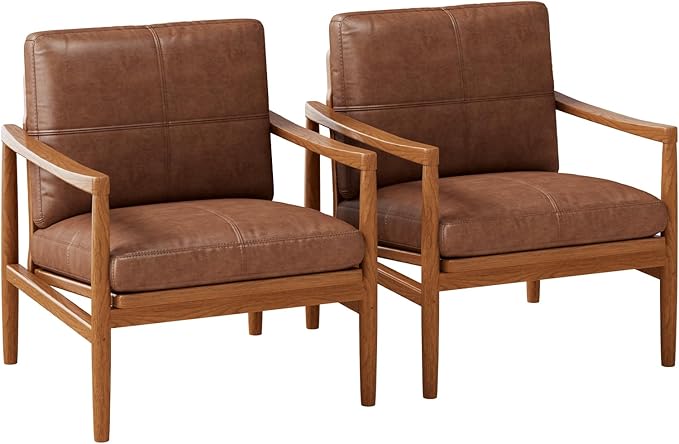 Mid Century Modern Accent Chair Set of 2, Leather Accent Chair, Relaxing Armchair with Solid Wood Frame & Soft Cushion, Reading Leisure Chairs for Living Room