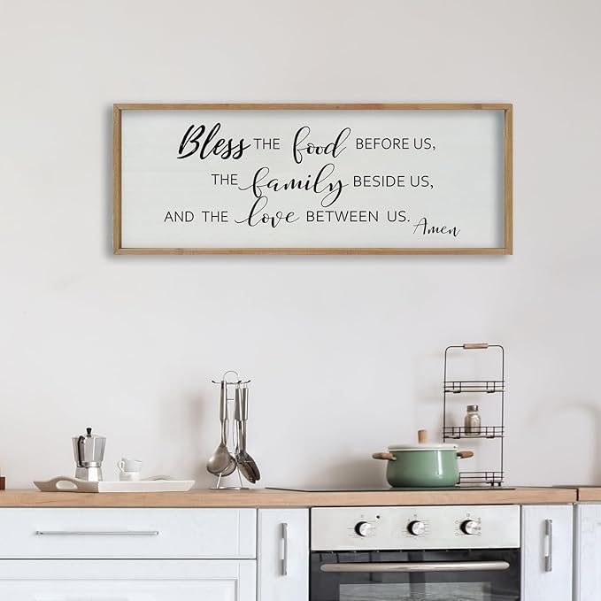 SRSZHIYUE Bless the Food Before Us Wall Sign Decor 40"×15" Christian Bible Verse for Farmhouse Rustic Kitchen Dining Room Framed Wood Scripture Religious Jesus Prayer Wall Art (Wood)