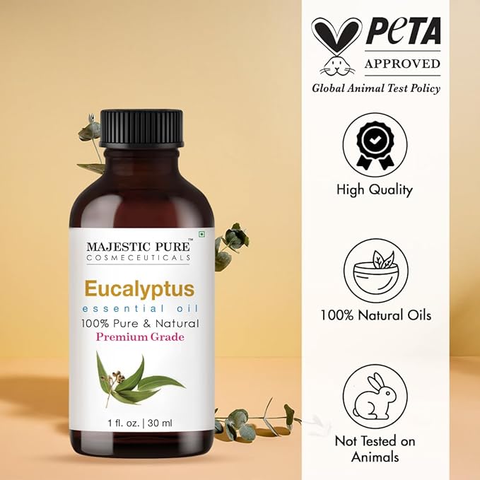 Majestic Pure Eucalyptus Essential Oil with Glass Dropper - 1 Fl Oz - 100% Pure and Natural Eucalyptus Oil - Premium Grade Essential Oils for Diffuser, Aromatherapy, Soap and Candle Making