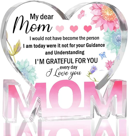 Mothers Day Gifts Best Mom Gifts -Gifts for Mom from Daughter Son - Best Mom Ever Gifts Unique Mother Birthday Acrylic Heart-Shaped Plaque Desk Decorations Present for Mom Christmas Anniversary