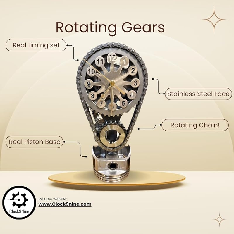 Chevrolet Small Block V8 Rotating Gear Clock – Stainless Steel Timing Chain Desk Clock by Clock9Nine, Chevy Truck Garage Decor, Muscle Car Gift, Hot Rod Man Cave Collectible, Car Show Trophy