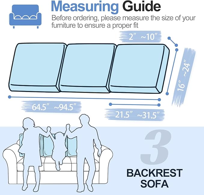Large Backrest Cushion Covers Super Stretch Backrest Covers for 3 Cushion Couch Sofa, Couch Back Cushion Covers Featuring with Chenille Yarn (Softer Version, 3PC, Blue)