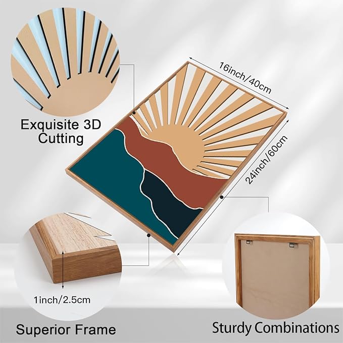 Large Boho Mountain Wall Art Set Modern Abstract Bohemian Wood Wall Decor Colorful Mid Century Neutral Artwork Sun and Moon Art Decor for Living Room Bedroom Office-16x24Inch x3