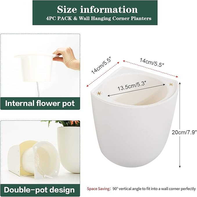 Sungmor Wall Hanging Corner Planters, 4PC White Wall Mounted Flower Pots, Self Watering Wall Planter for Indoor Plants, Right Angle Corner Hanging Pot, Great for Balcony Home Office Bar Corner Decór