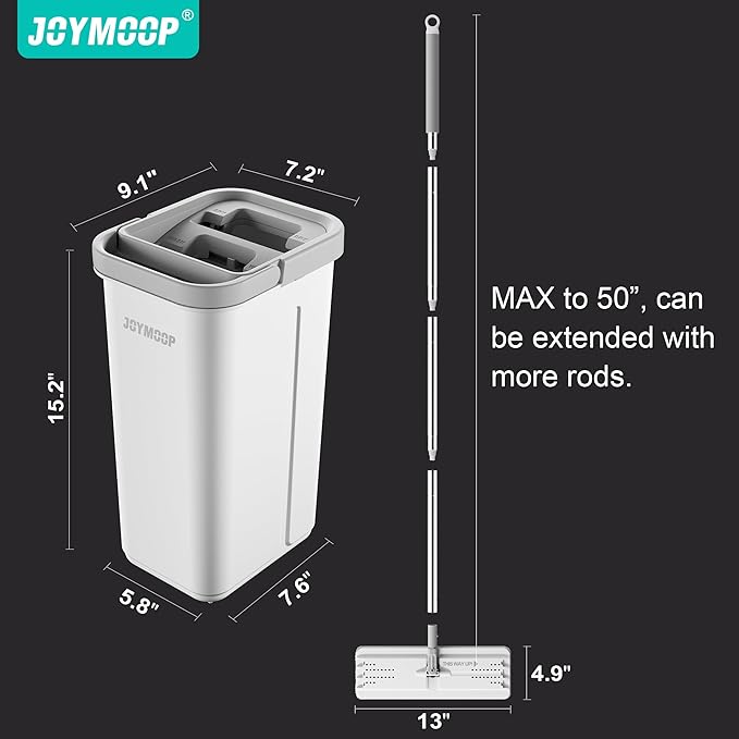 JOYMOOP Easy Clean and Self-Squeezing Microfiber Flat Mop and Bucket System, Mops for Floor Cleaning and Wall Cleaner, Hardwood, Tile, Laminate, Vinyl Floors, Smooth Walls, and Glass Windows