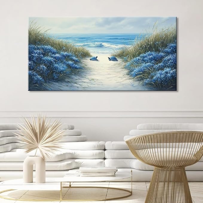 LASMOND Romantic Beach Wall Art for Living Room Blue Sea Turtle Lovers Canvas Painting Prints Ocean Sandy Romance Flowers Large Bedroom Office Decor Artwork (58x28 Inches)