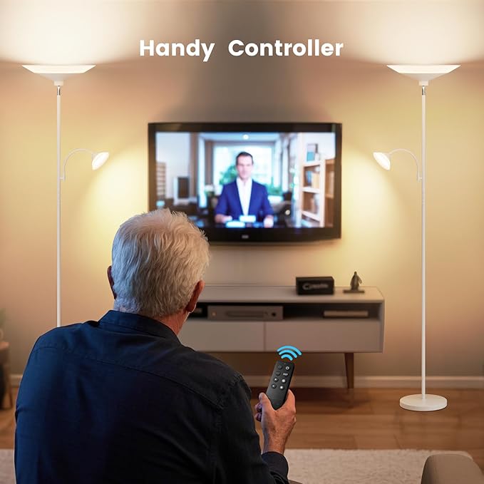 Upgraded 2-Light Torchiere Floor Lamp - 34W Color Changing Standing Lamp with Remote, Rotatable Floor Reading Light, Modern Standing Light with for Living Room Bedroom Office, White