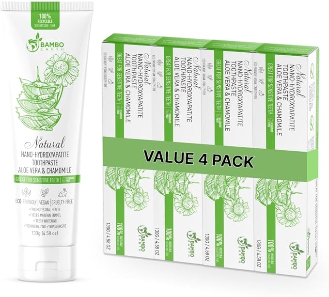 Natural Fluoride Free Toothpaste - Nano Hydroxyapatite, Remineralizing, Sensitive Teeth, Whitening & Zero Waste Tube - Dentist Recommended for Adult & Kids Oral Aloe Vera & Chamomile (4 Pack, Aloe)