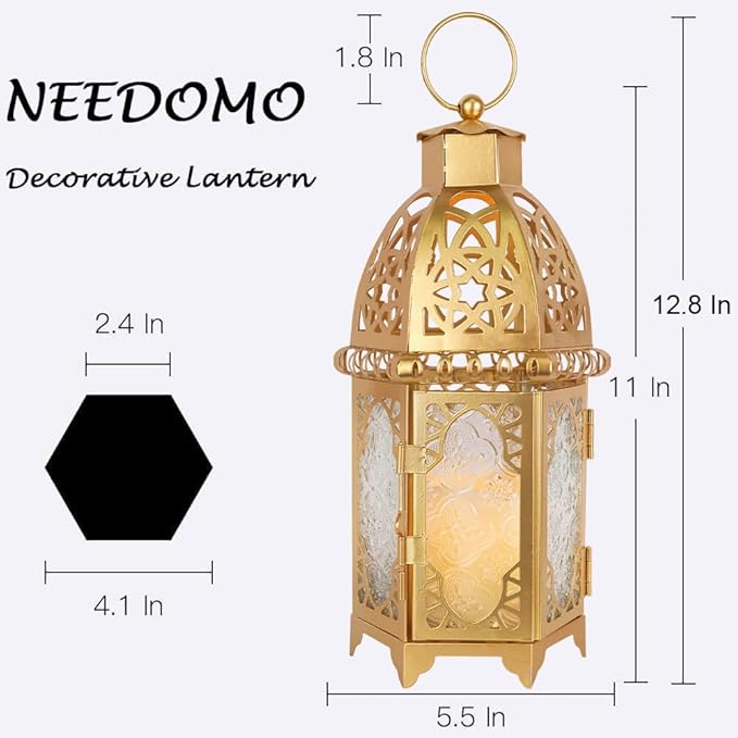 NEEDOMO 12.8'' Moroccan Lanterns Decorative Indoor & Outdoor, Vintage Christmas Candle Holder, Metal Lanterns Decorative, Table, Patio, Porch, Shelf, Christmas Spring Ramadan Eid Home Decor (Golden)