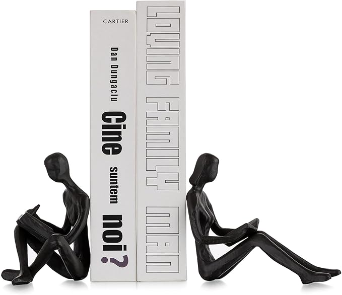 Sziqiqi Book Ends for Shelves Decorative - Cast Iron Bookends for Books Reading Couple Bookshelf Decorative Objects Metal Modern Statue Sculpture Gift for Readers Book Lovers Nerd