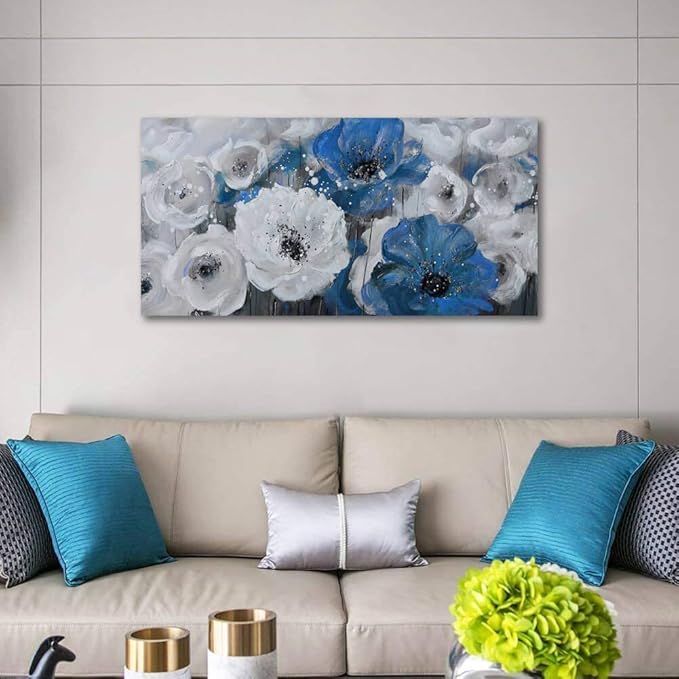 Mofutinpo Large Flower Painting Wall Art, 24x48, Modern Home Decor, Living Room Wall Decorations, White Blue Flower Prints Artwork, Waterproof UV Resistant Canvas, Wall Art for Bedroom
