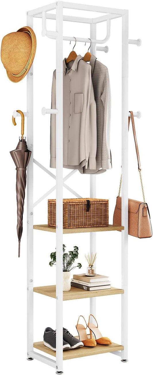 IBUYKE Coat Rack with Shelves, Freestanding Hall Tree with 3 Shelves and 8 Hooks, Industrial Clothes Stand for Entryway, Hallway, Bedroom, Natural UTMJ088R