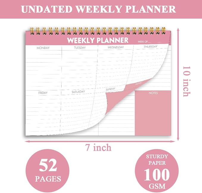 Weekly Planner Notepad - 7" x 10" Weekly Pad Organizers Habit Tracker Journal for Man & Women, 52 Sheets, 100gsm Paper, Undated Weekly To Do List Notepad with Your Life, Pink