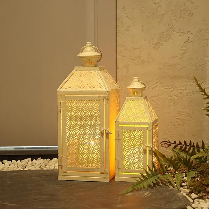 NEEDOMO 2Pack Outdoor Lantern, 16" Large White Candle Lanterns Decorative Indoor, Metal Frame with Glass, Vintage Farmhouse Lantern Decor for Front Porch, Garden, Patio, Pathway, Balcony,Yard