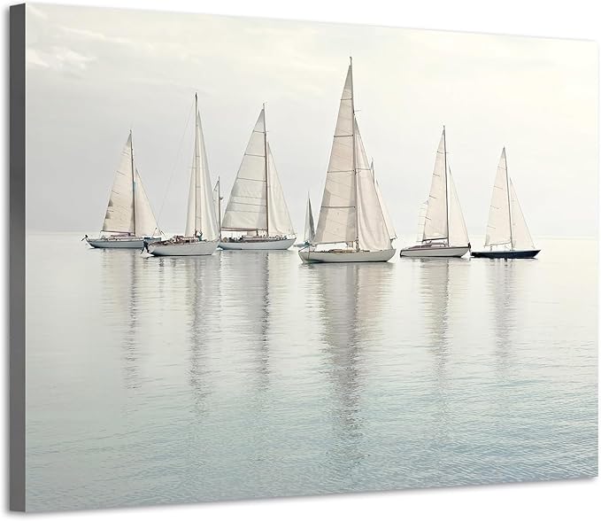 Nautical Sailing Picture Wall Art - Coastal Sailboat Canvas Ocean Ship Prints Sea Level Boat Painting Artwork for Bathroom