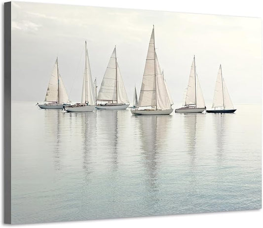 Nautical Sailing Picture Wall Art - Coastal Sailboat Canvas Ocean Ship Prints Sea Level Boat Painting Artwork for Bathroom