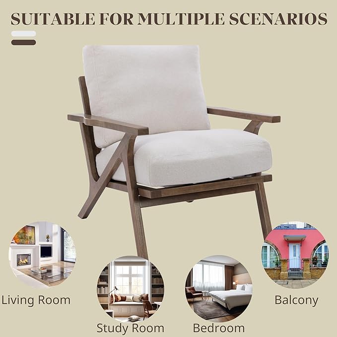 Wahson Set of 2 Mid Century Chair, Upholstered Accent Armchairs, with Wood Frame and Linen Cushions, Leisure Slipper Chair for Living Room/Bedroom, Cream