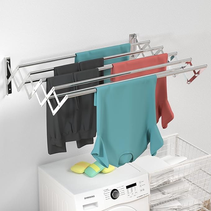 Guevara Wall Mounted Clothes Drying Rack,Stainless Steel Foldable Drying Rack for Laundry Room/Bathroom Tower，Easy to Install 31-inch Rod, 120 lbs Large Capacity- Indoor and Outdoor Use
