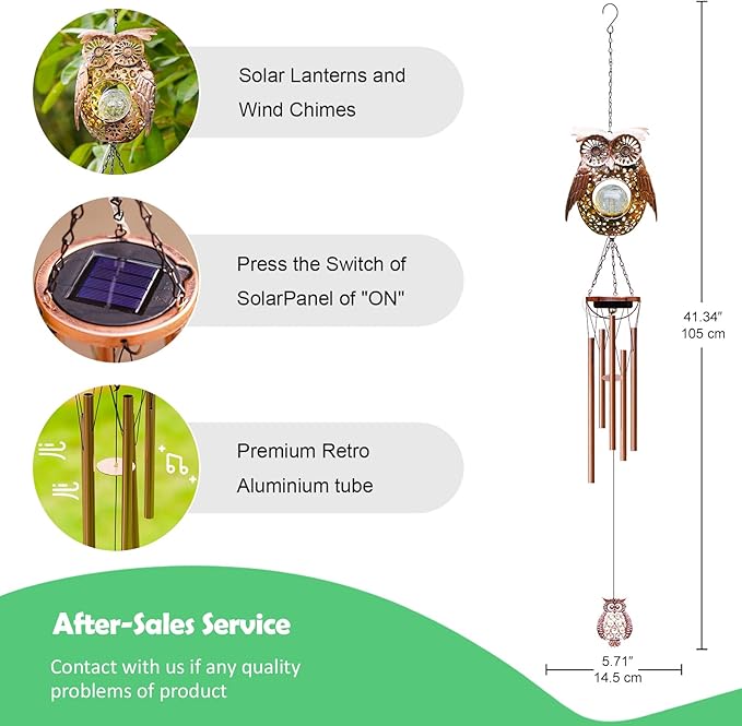 Wind Chimes Outdoor Indoor Decor: Birthday Gifts for Mom Grandma - Outside Lights for Garden Yard Patio Porch(Owl)