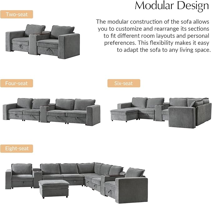 HULALA HOME Modular Sectional Sofa with USB Port and Console, 8 Seater Sofa with Storage Ottoman, Oversized L Shaped Couches for Living Room, FSC Certified, Grey