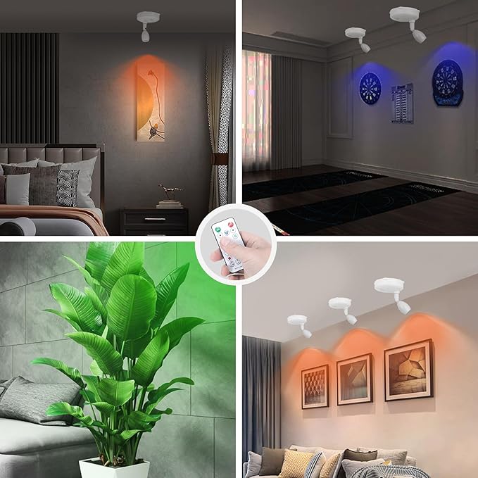 Cordless Spotlight Battery Operated, RGB Indoor Plant Light, Dimmable Accent Uplight with Remote, Color Changing Display Lighting for Picture Tree Photo Dartboard Painting Art