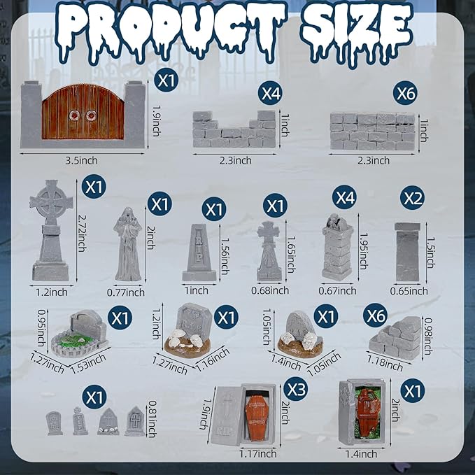 Warmtree 38 Pcs Graveyard Terrain Miniatures Set, Halloween Miniature Tombstones Figurine Mini Resin Tombstones for Diorama Supplies Miniature Graveyard Scene DIY Crafts Outdoor Decorations