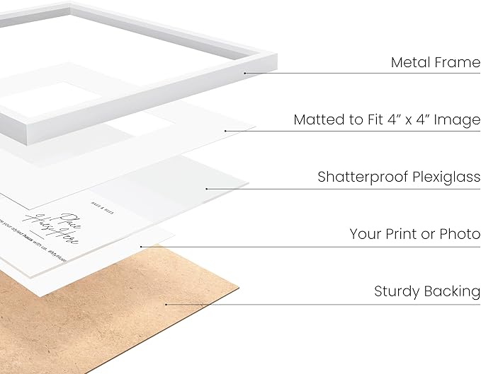 HAUS AND HUES 8x8 White Metal Picture Frames Matted to 4x4 - Features Premium Aluminum, Shatterproof Plexiglass - Ideal for Home, Room, Office (8x8 in, White, Set of 4)