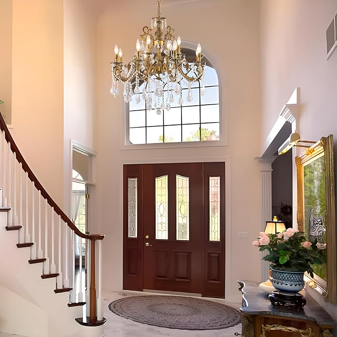 Vintage 8 Arms Crystal Chandelier Candle Light Fixture for Dining Room Living Room Bedroom Hallway Entryway Antique Gold Finish (34"-12 Lights)