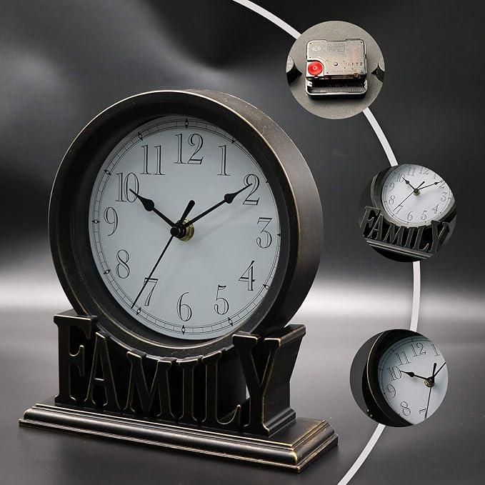 6.5 Inches Table Clock, Vintage Non-Ticking Family Mantel Desk Clock Battery Operated with Quartz Movement HD Glass for Kids Bedroom Living Room Office (Antique Black)