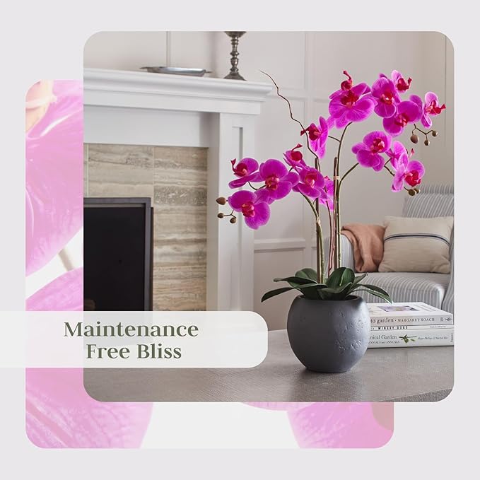 Faux Pink Orchid Plant, Premium Artificial Indoor Flower Display Stands 25-Inches with Beautiful Sculptural Blooms and Foliage That Lasts Forever, Grey Planter Pot Included