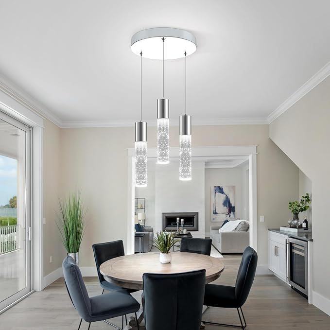 OKELI Smart Dimmable LED 3-Light Pendant Light for Kitchen Island, 18W 1350LM Modern Bubble Crystal Island Light Fixture with TUYA App & Voice Control, Adjustable 3000K-6000K, Electro-Chrome, Round