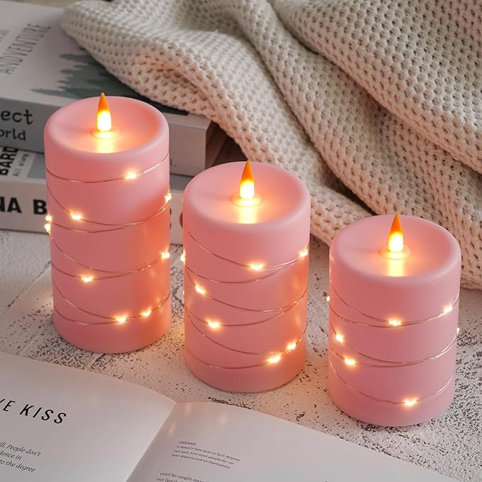 Rose Pink Flameless Candles with String Lights Battery Operated Flickering LED Pillar Candles 4‘’ 5‘’ 6‘’ Candle with Remote Control, Set of 3