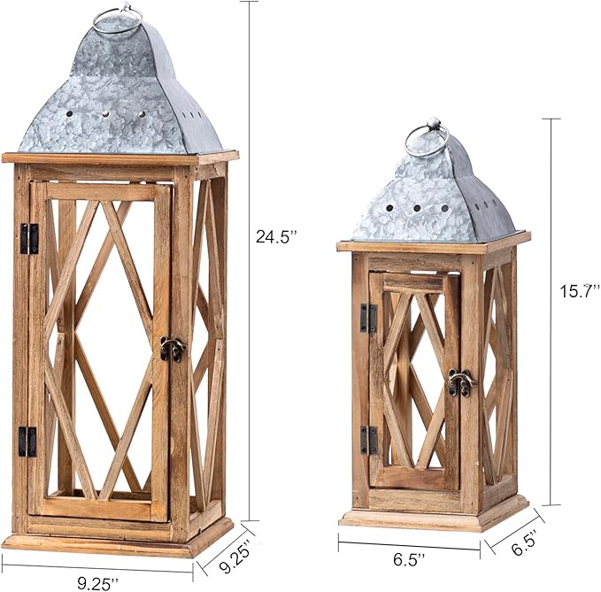 Large Farmhouse Wooden Metal Lantern Set of 2, Rustic Decorative Floor Candle Lanterns, Indoor/Outdoor Hanging Lanterns for Home Decor (No Glass)