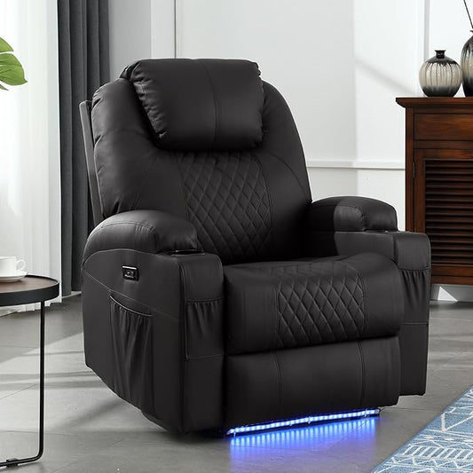 Power Recliner Chair with Heat and Massage, PU Leather Home Theater Seating with LED Lights/Cup Holders/Side Pocket/USB Port, Reclining Sofa Chair for Living Room (1, Black)