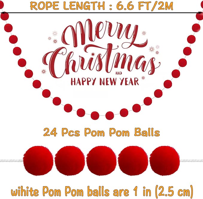 Jishi 3Pk Red Felt Berry Pom Pom Ball Garland Christmas Decorations Indoor Home Decor, Cute Red Berry Christmas Tree Ornaments, String of Pompom Bead Garland Hanging Xmas Holiday Birthday Party Banner