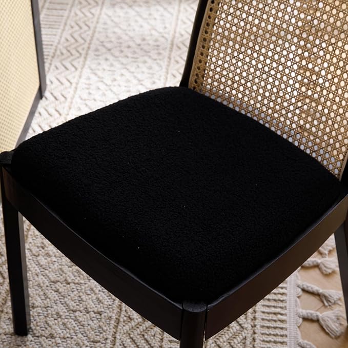 Mid Century Dining Chairs Set of 6, Accent Rattan Sherpa Fabric Side Chairs Kitchen Chair with Solid Wooden Legs for Living Room Dining Room, Black