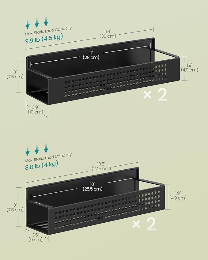 SONGMICS Magnetic Spice Rack for Refrigerator, Set of 4, 2 Large and 2 Small Kichen Magnetic Shelves for Microwave, Washing Machine, Spice Organizers, No Drilling Needed, Ink Black UKCS061B01