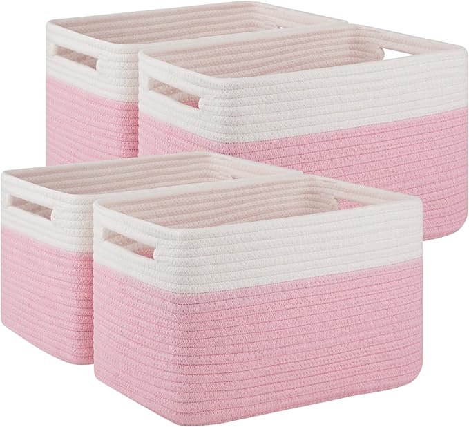 4 Pack Storage Baskets for Organizing, Woven Baskets for Shelves - Perfect for Toys, Books, Towels, and Clothes, Durable Gift Basket Bins Toy Storage, 12.7''Lx9''Wx7.8''H, Pink & White