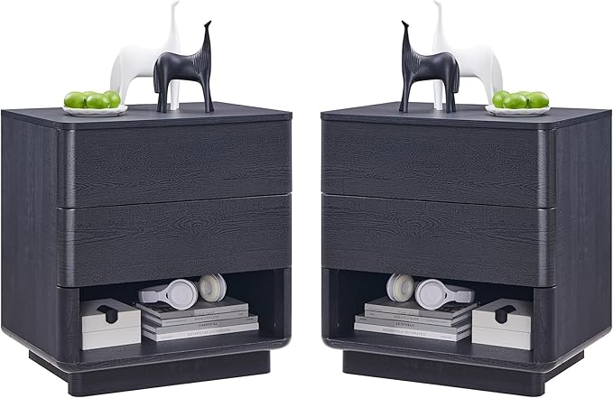 Nightstand Set of 2 with Charging Station, 22" Large Modern Bedside Table with 2 Drawers Storage,Push-to-Open End Table for Bedroom,Living Room,Black