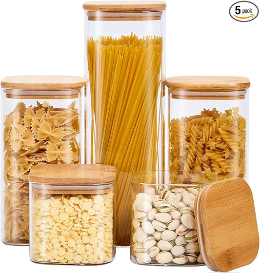 Square Glass Food Storage Jars with Lids[Set of 5], Perfect for Pasta, Cookies, Nuts, Coffee, Cereal, Flour,Organize Your Kitchen and Pantry with these BPA-Free Glass Jars with Canisters
