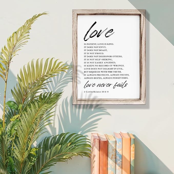 Love Wood Signs, Christian Wooden Wall Sign, Master Bedroom Signs, Inspirational Christian Gift, Home Decor, Framed Wall Plaque Sign 15 * 11.5 inches, Love is the Patient
