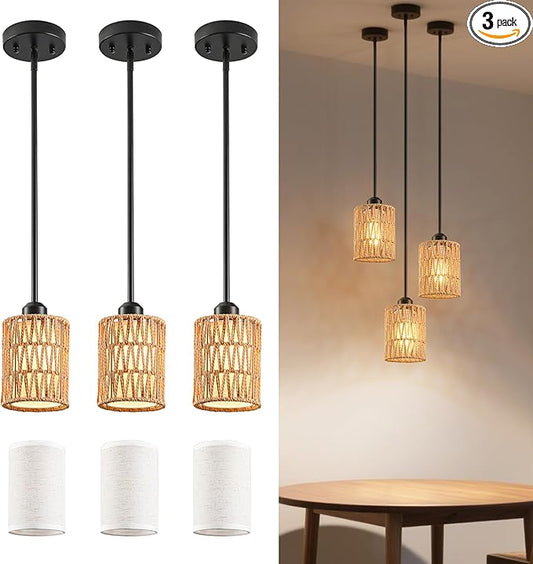 Pendant Light Boho Hanging Lamp - Rattan & Linen 2-in-1 Shade, Adjustable Hanging Lights Fixture for Kitchen Island, Dining Room, Farmhouse, Bedroom (3 Pack)