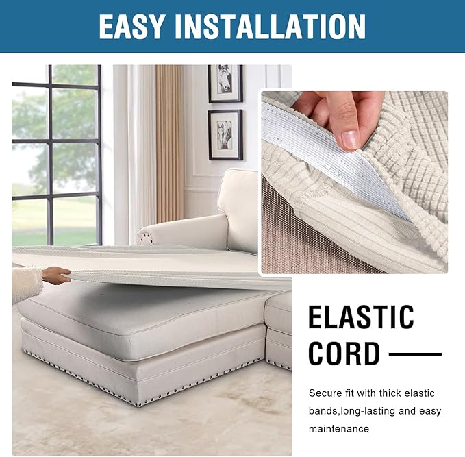 H.VERSAILTEX Super Stretch Individual Chaise Cover Sectional Couch Covers for L Shaped Sofa Both Left/Right Featuring Thick Jacquard Textured Twill Fabric (1 Piece Chaise Cover Large, Porcelain)