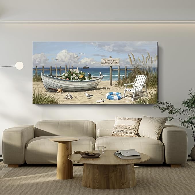 amatop Oversized Coastal Canvas Wall Art – Nautical Seaside Landscape Floral Boat on Sandy Beach Ocean Seabirds Horizontal Decor Large Wildflower Nature Artwork for Living Room Bedroom Office 58×29 Inch