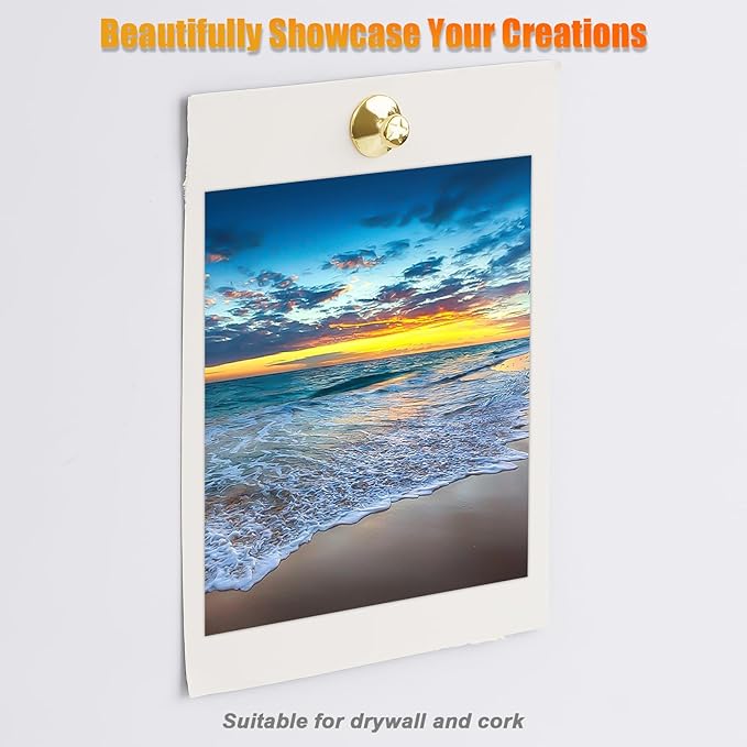 KURUI 60-Pack Metal Push Pins for Wall Hanging Decor, Renter Friendly Hooks for Bedroom Office Gallery Dorm Home, Double Headed Thumb Tacks for Tapestry/Canvas/ Picture Frame/Art, Gold Picture Hangers