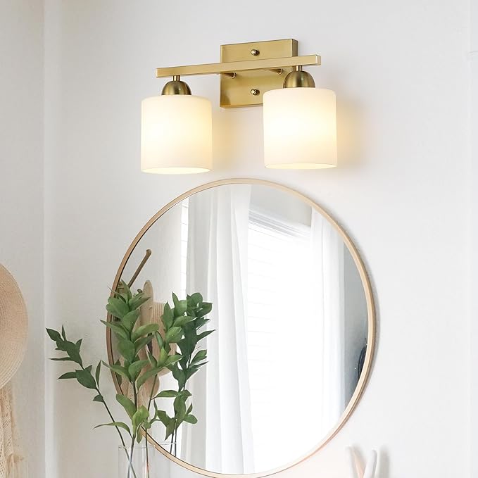 Stainless Steel Milk Glass Vanity Lights for Bathroom, 2 Light Gold Bathroom Light Fixtures Over Mirror, Ceramic E26 Sockets Wall Mounted