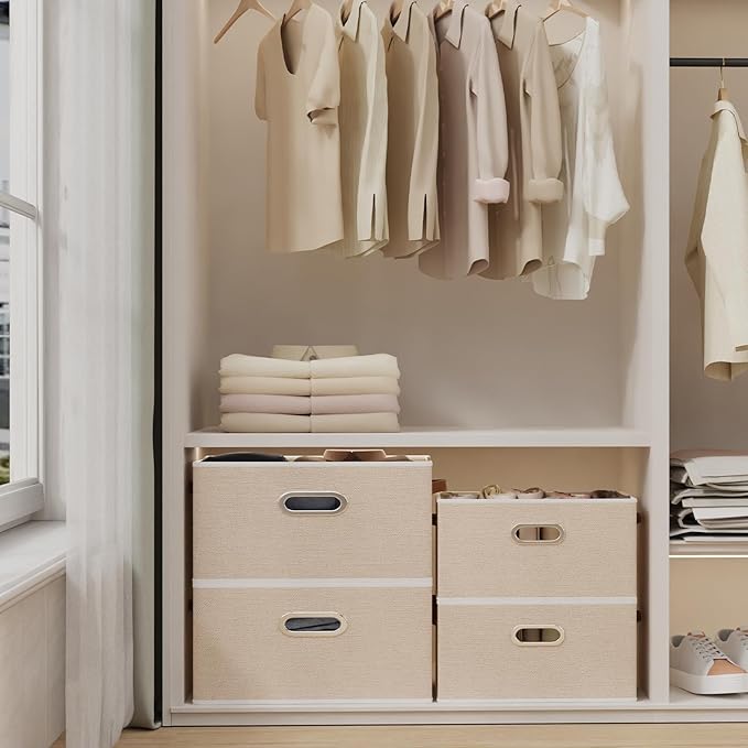 Yawinhe Fabric Storage Bins with Handles, Foldable Baskets for Shelves, Cubes with 3 Handles, Large Boxes for Clothes, Beige, 16.9''Lx11.8''Wx10.2''H, 6-Pack